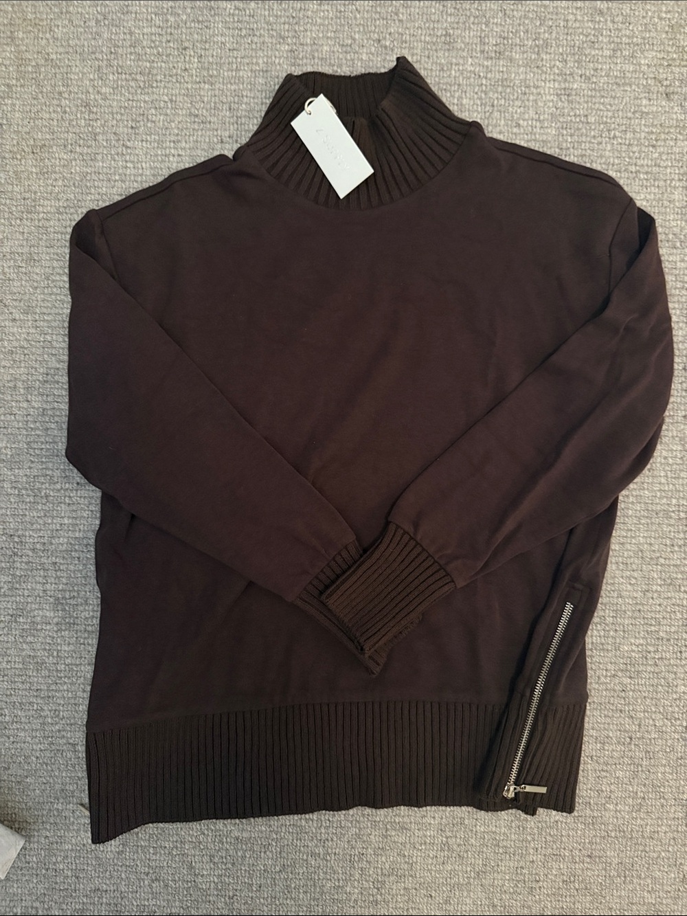 Women’s Dark Brown Ribbed Mock Neck Sweater with Side Zip